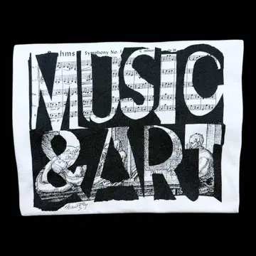 90s USA제 MUSIC ART 반팔 티셔츠 콜라주 악보 회화 화이트