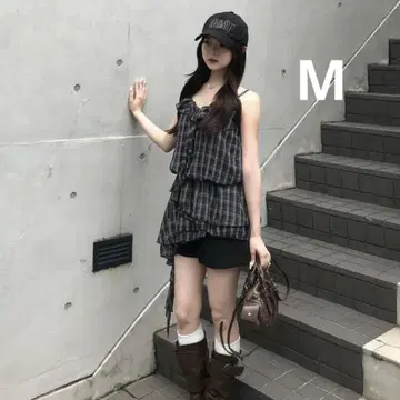 블랙 체크 프릴 아지메 미니 원피스 M 튜닉 emmy