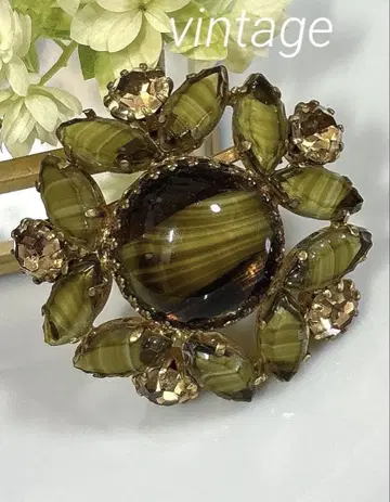 영국제 빈티지 브로치 아트 유리 올리브 컬러 flower