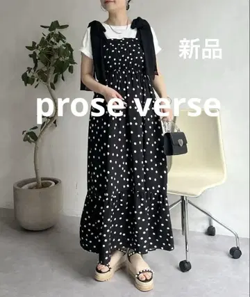 [ prose verse ] 어깨 리본 셔링 도트 티어드 원피스