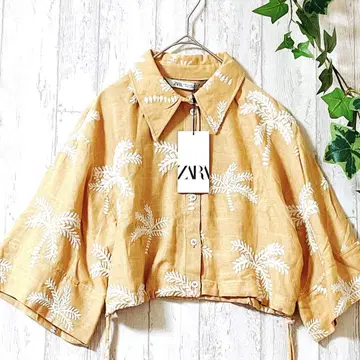 ZARA 야자수 자수 숏 기장 레이온 린넨 셔츠 블라우스 카멜