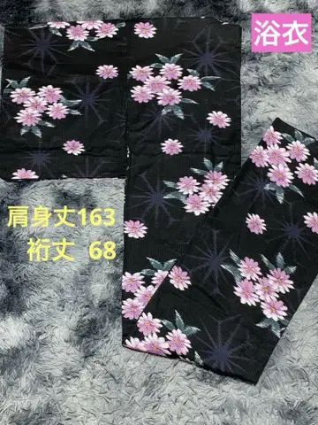 여성용 기모노 유카타 블랙 꽃무늬 화장 68 고품질