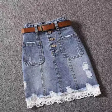 데님 블루 미니 스커트 레이스 밑단