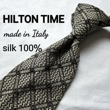 HILTON TIME 실크 100% 넥타이 그레이 체크 무늬