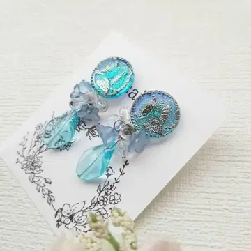 파란 꽃 체코 유리 버튼과 비즈 2way 귀걸이 귀찌 kp080363