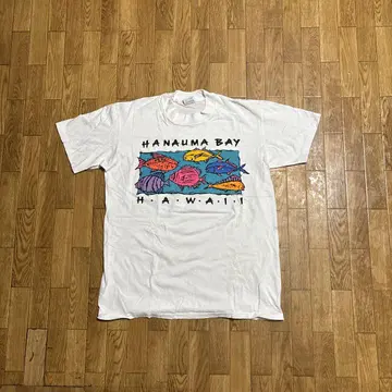 NOS 80s USA 스티드먼 하와이 티셔츠 화이트 물고기 구제 의류