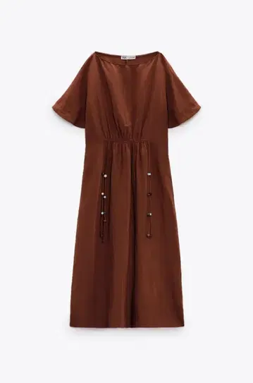 ZARA 자라 롱 원피스 린넨 45% 레이온 55% 반팔 브라운 XS