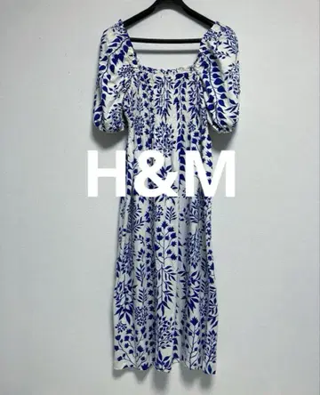 [새상품급] H&M 롱 원피스 북유럽 스타일 프린트 블루x화이트