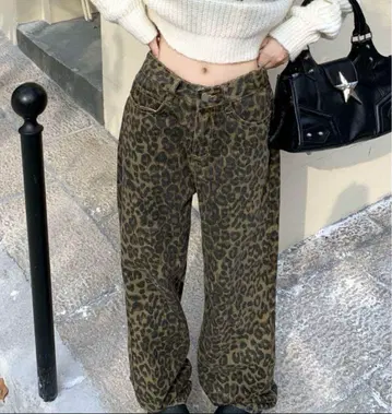 레오파드 무늬 데님 팬츠 와이드 레그