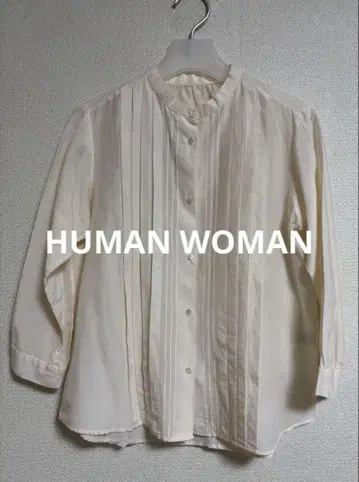 휴먼 우먼 밴드 카라 블라우스 핀턱 베이지 코튼 실크