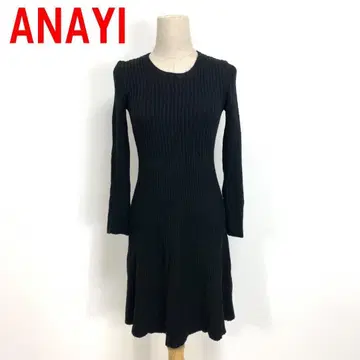 A4781 아나이 니트 원피스 무릎 기장 울 긴팔 플레어 블랙 36