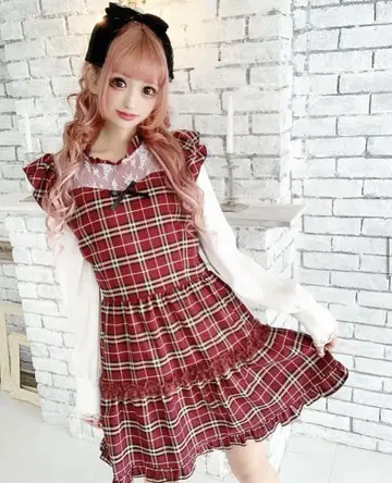 Princess Melody 빨간색 체크 원피스 레이어드 양산형