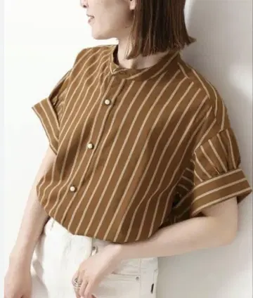 Spick&Span 브라운 스트라이프 반팔 셔츠