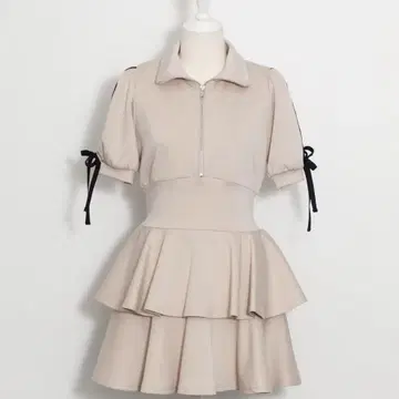 pium 더블 라인 티어드 저지 원피스 핑크