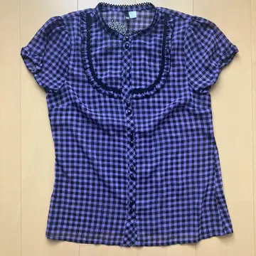 H&M 보라색과 블랙 체크 무늬 반팔 블라우스