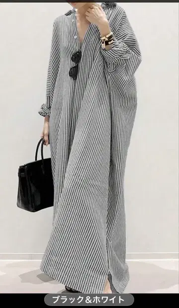 SHEIN 스트라이프 롱 셔츠 원피스 블랙 & 화이트