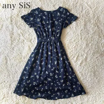 anySIS 롱 원피스 반팔 꽃무늬 도트 벨트 네이비 M 사이즈