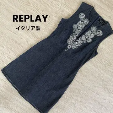 REPLAY 원피스 데님 자수 슬리브리스 원피스 M