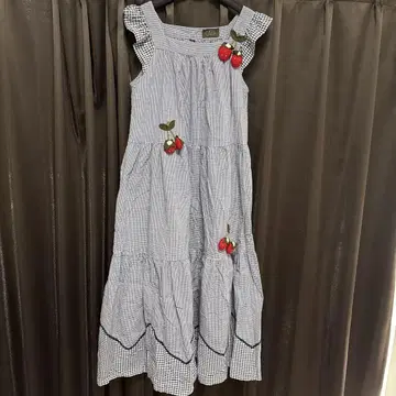 구제 의류 레트로 귀여운 딸기 프릴 원피스 네이비 컬러