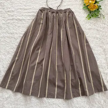 SUN VALLEY 면 린넨 몰사 보더 개더 스커트