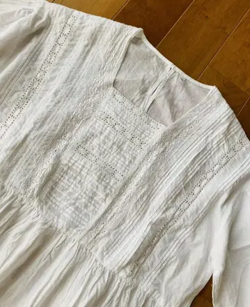 인도산 레이스 자수 핀턱 벌룬 소매 개더 블라우스