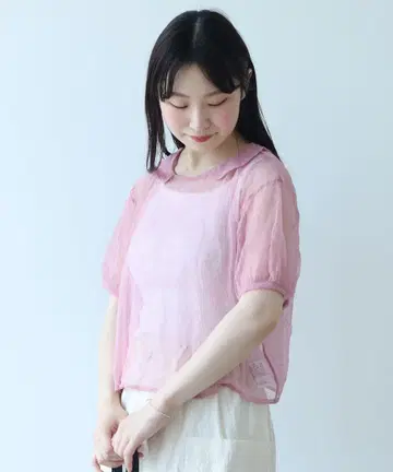 뷔르데사봉 얇은 명주 그물 원형 카라 풀오버 핑크