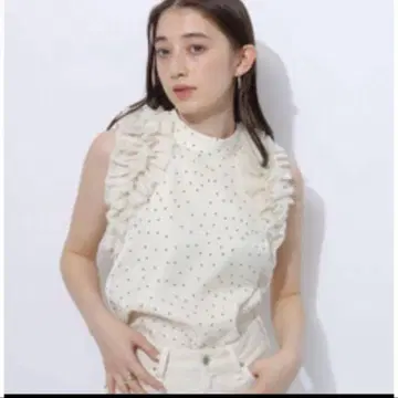 리랜드트루 프릴 도트 무늬 슬리브리스 셔츠 슬리브리스 상의