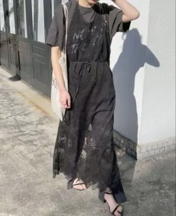 레이스 오버롤풍 롱 스커트 블랙