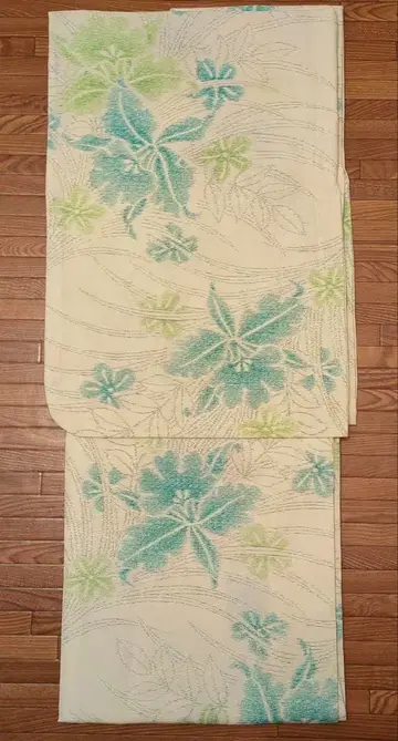 유카타 연한 녹색 손바느질 시침질 부착 초화 무늬 면 린넨