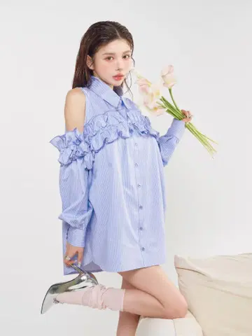 다리치 멀티 스트라이프 프릴 셔츠 튜닉