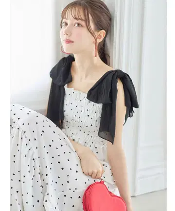 tocco closet 어깨 리본 포함 하트 프린트 티어드 원피스