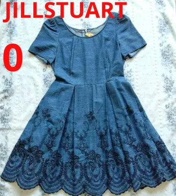 JILLSTUART 블루 자수 반팔 원피스 스캘럽 코튼 100%
