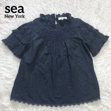 시뉴욕 sea 레이스 프릴 블라우스 반팔 블랙 검정 M