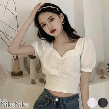새상품 귀여운 크롭 기장 상의 퍼프 슬리브 반팔 블라우스 숏 기장