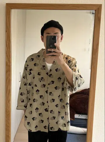 [빈티지] 기하학 패턴 오픈 카라 8부 셔츠
