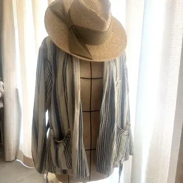 린넨 코튼 로브 자켓 스트라이프 패턴 노카라 자켓