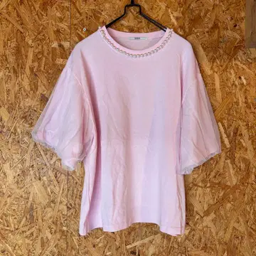 새상품급 펄 장식 티셔츠 핑크 원단 절개 소매 볼륨 4601