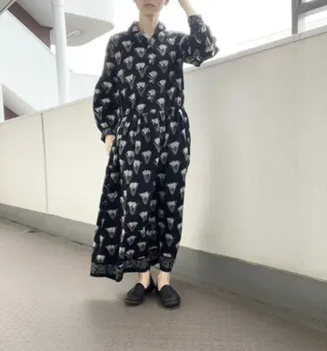 인도 면 롱 개더 원피스 블록 프린트 블랙