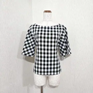 내추럴 뷰티 베이직 5부 소매 깅엄 체크 블라우스 리본 (M)