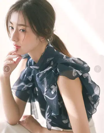 SNIDEL 스나이델 리본 슬리브 오간자 시스루 블라우스 네이비