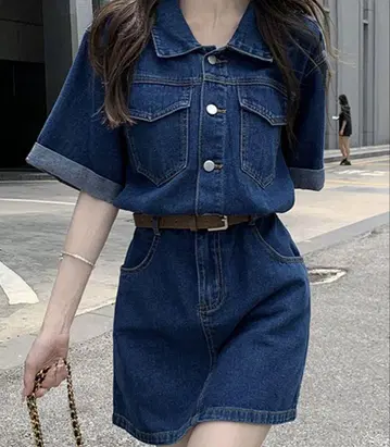 DAY CLOSET 반팔 롤업 데님 미니 원피스