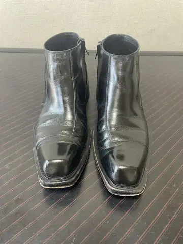 블랙 가죽 지퍼 부츠 통굽 스퀘어토