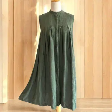 HARUMI HIYAMA 프론트 오픈 노카라 셔츠 원피스 카키 린넨