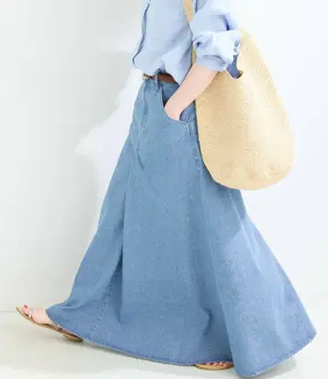 B.C STOCK 데님 플레어 롱 스커트