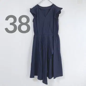 쿠튀르 브로치 롱 원피스 V넥 소매 프릴 네이비 38