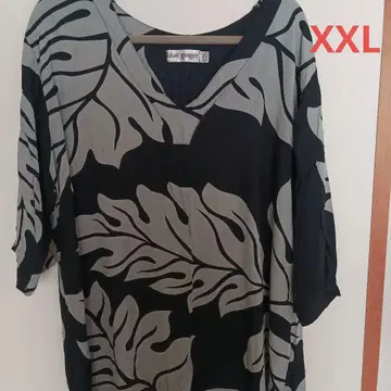 빅 사이즈 블루 진저 잎 패턴 디자인 오분 소매 튜닉 2XL