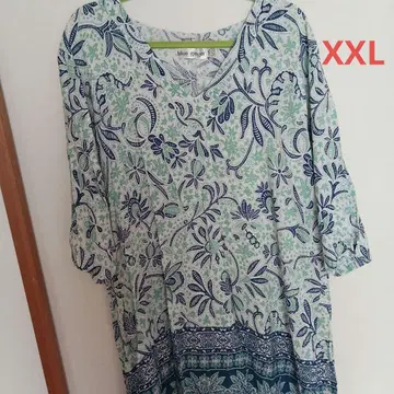 빅 사이즈 블루 진저 꽃무늬 반소매 튜닉 2XL