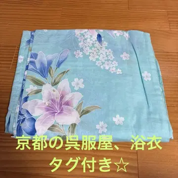 새상품, 교토 스카이블루 꽃무늬 유카타 (적응 사이즈 155-168cm)