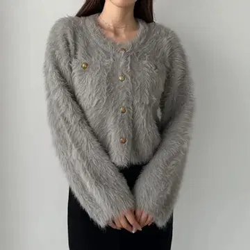 르엘르 골드 버튼 샤기 니트 가디건 그레이