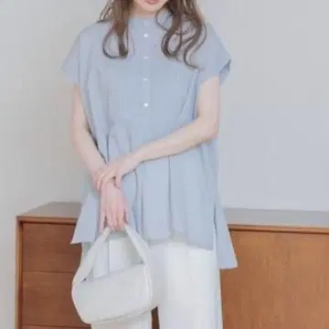 새상품 Sunny Label 에어리 코튼 핀턱 드레스 셔츠 스모키 블루